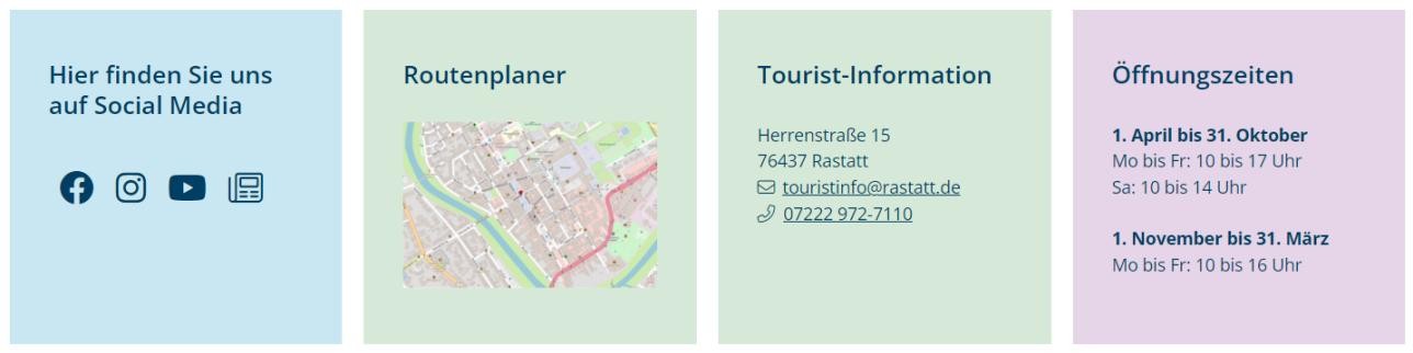 Social channel logos (Facebook, Instagram, YouTube, Stage), route planner, contact information for tourist information and opening hours     