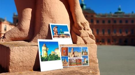 Postcards of the town of Rastatt as souvenirs. For sale at the tourist information office of the town of Rastatt at the castle