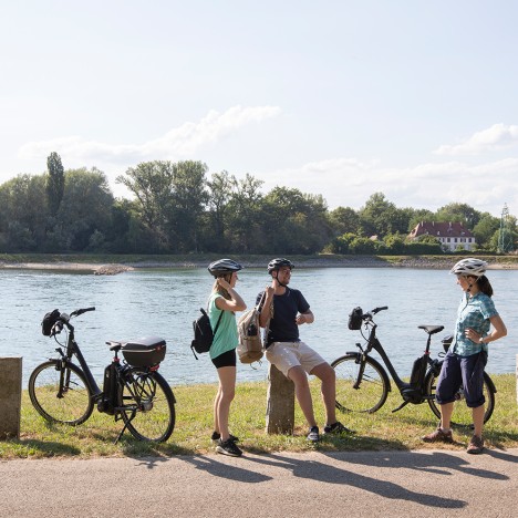 Des cyclistes font une pause sur les rives du Rhin à Plittersdorf