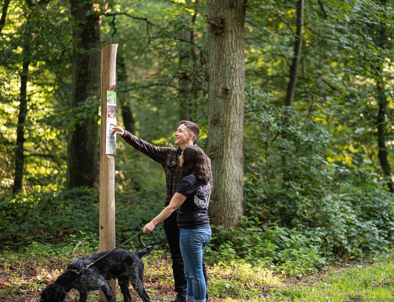 Mann und Frau stehen mit einem Hund an einer Infotafel im Wald